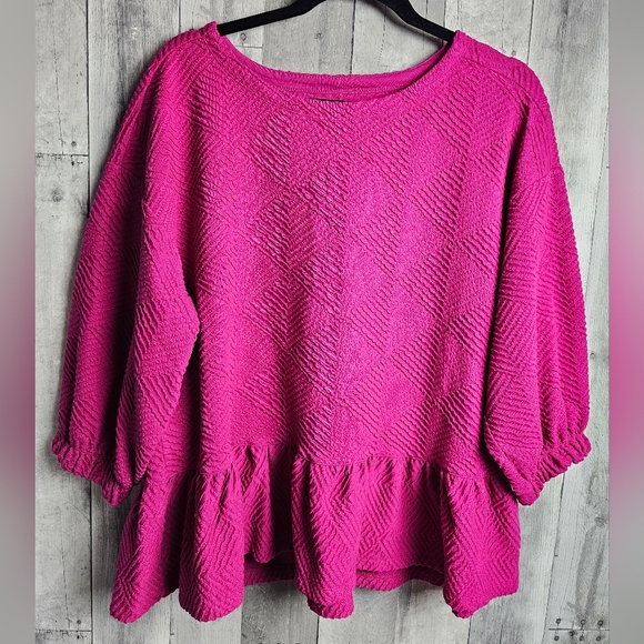Anthropologie Maeve Hot Pink Mikayla Textured Peplum Long Sleeve Blouse M - Picture 2 of 9
